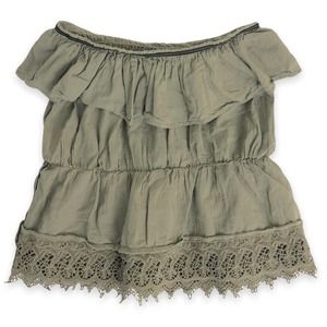 American Eagle Outfitters Top Off-the-Shoulder Ruffled Laced Olive Green